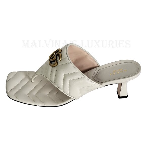 GUCCI SHOES DOUBLE G MARMONT LOGO WHITE QUILTED THONG SANDALS - Picture 5 of 15